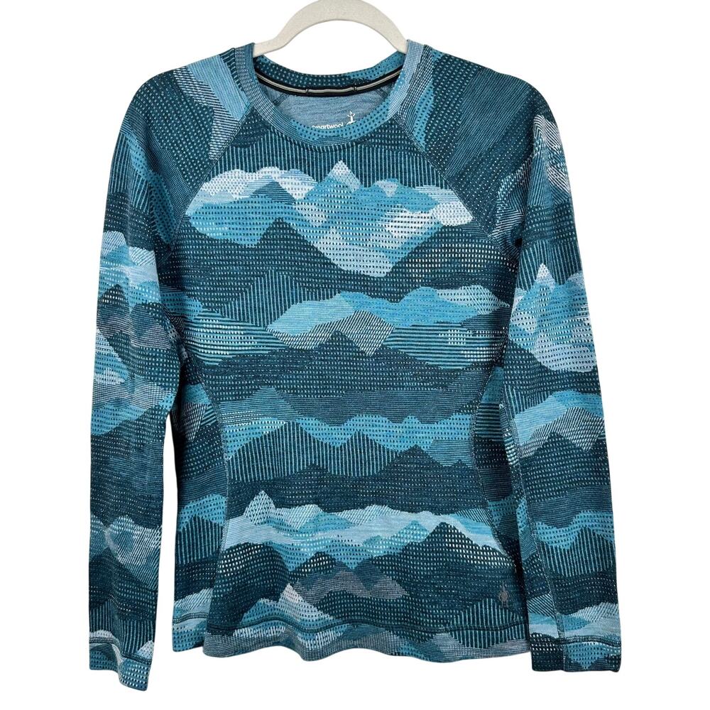 Smartwool Women's Merino Base Layer Long Sleeve Crew Teal Mountain Print Medium